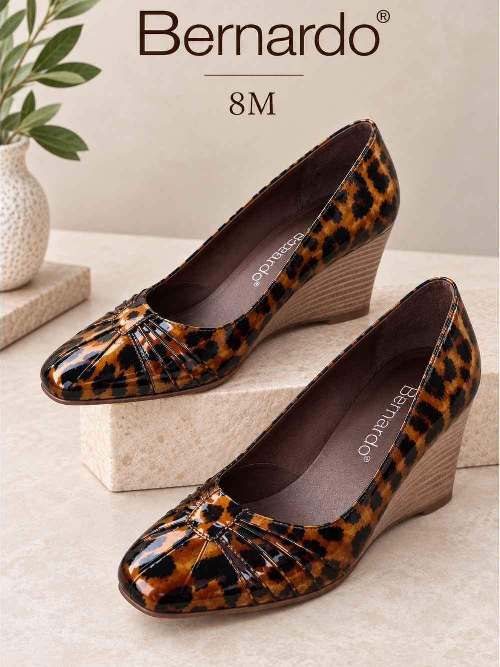 Bernardo Gorgeous Animal Print Patent Leather Wedge Pump, 8M